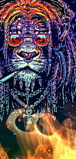 Neon lion with sunglasses and chain, fiery background.