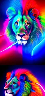 A vibrant neon lion artwork with a spectrum of bright, colorful hues.