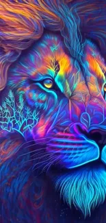 Vibrant neon lion art wallpaper with bright colors and intricate details.