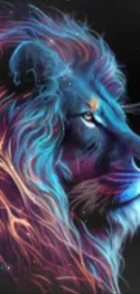 Neon lion illustration with vibrant colors and cosmic background.