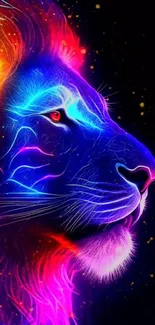 Neon artwork of a colorful lion head on a black background.