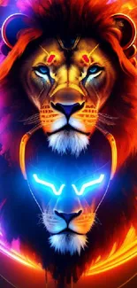 Vibrant neon lion faces with bold, colorful design.