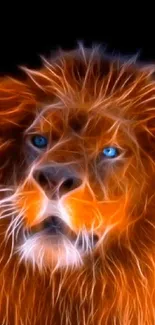 Vibrant lion with neon colors and blue eyes on a dark background.