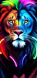 Vibrant neon lion art with colorful mane.