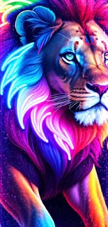 Neon lion with colorful mane on a vibrant wallpaper.