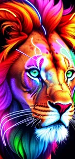 Vibrant neon lion artwork with colorful mane.