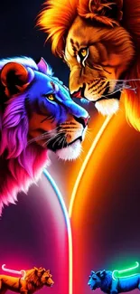 Vibrant neon lions on cosmic mobile wallpaper.