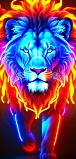 Neon lion with vibrant colors and fiery mane on dark background.