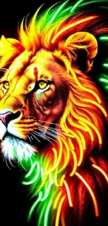 Vibrant neon lion art wallpaper with vivid colors on a black background.