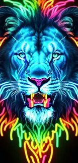 Vibrant neon lion artwork with glowing mane on black background.