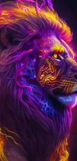 Vibrant neon lion with purple mane and glowing yellow accents.