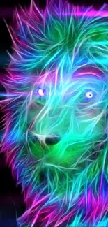 Vibrant neon lion artwork with fractal design and bright colors.