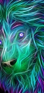 Colorful neon lion artwork with electric blue and green hues.