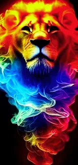 Colorful neon lion art with smoky effects on a black background.