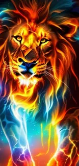 Vibrant neon lion artwork with colorful flames.