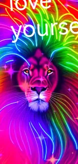 Vibrant neon lion wallpaper with 'love yourself' message.