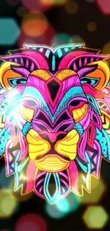 Neon geometric lion artwork on a black background, vibrant and colorful.