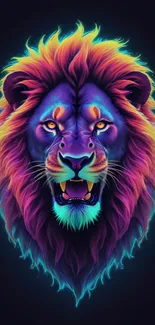 Colorful neon lion head digital art wallpaper.