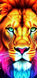 Neon lion digital art with vibrant colors.