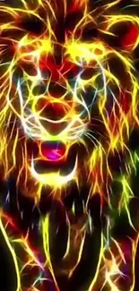 Vibrant neon lion art wallpaper on a black background.