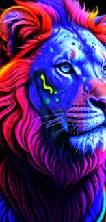 Vibrant neon lion with colorful mane on wallpaper.