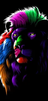 Colorful neon lion against a black background.