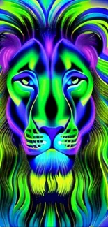 Vibrant neon lion art in electric blue and green tones for mobile wallpaper.