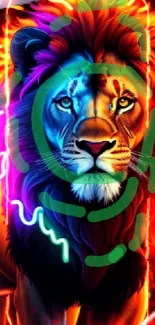 Vibrant neon lion with colorful mane art wallpaper.