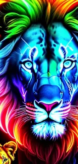 Vibrant neon lion artwork with colorful mane.