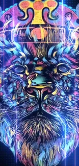 Vibrant neon lion with crown wallpaper for mobile.