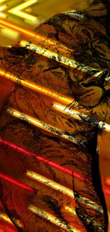 Vibrant neon art of a lion with glowing orange and yellow stripes.