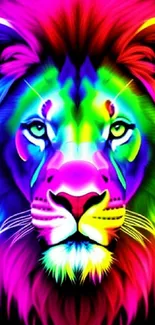 Vibrant neon lion face on a multicolored art wallpaper.