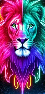 Vibrant neon lion art with colorful design for mobile wallpaper.