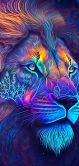 Vibrant neon lion art with colorful details.