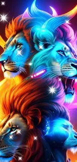 Colorful neon lions in futuristic digital art.