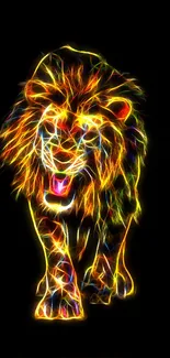 Neon lion with vibrant colors and glowing lines on a black background.