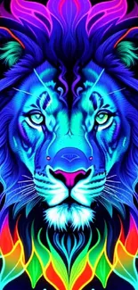 Vibrant neon lion art with colorful patterns.