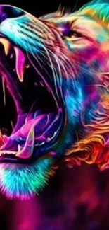 Vibrant neon lion roaring with colorful mane.