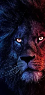 Neon blue and red lion with glowing eyes.