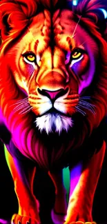 Vibrant neon lion in a colorful digital art style.