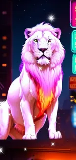 Neon lion with colorful mane in vibrant cityscape.