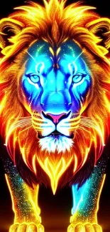 Vibrant neon lion glowing in vivid blue and orange colors.