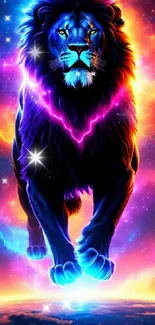 Vibrant neon lion in cosmic setting, glowing colors.