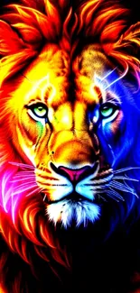 Vibrant neon lion with colorful design on black background.