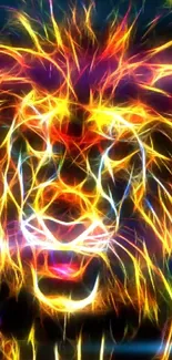 Neon lion art with vibrant multicolor lines on a black background.