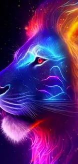 Colorful neon lion wallpaper with vibrant blue and pink hues.