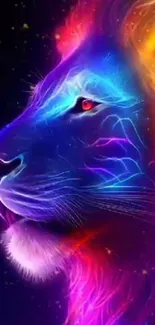 Neon lion with vibrant colors on phone wallpaper.