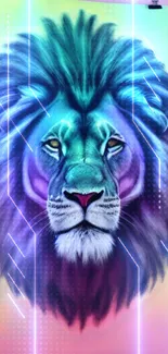 Vibrant neon lion with glowing, digital colors for mobile wallpaper.