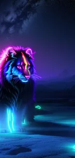 Vibrant neon lion under a starry night sky with glowing colors.