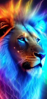 Vibrant neon lion with colorful mane on dark background.